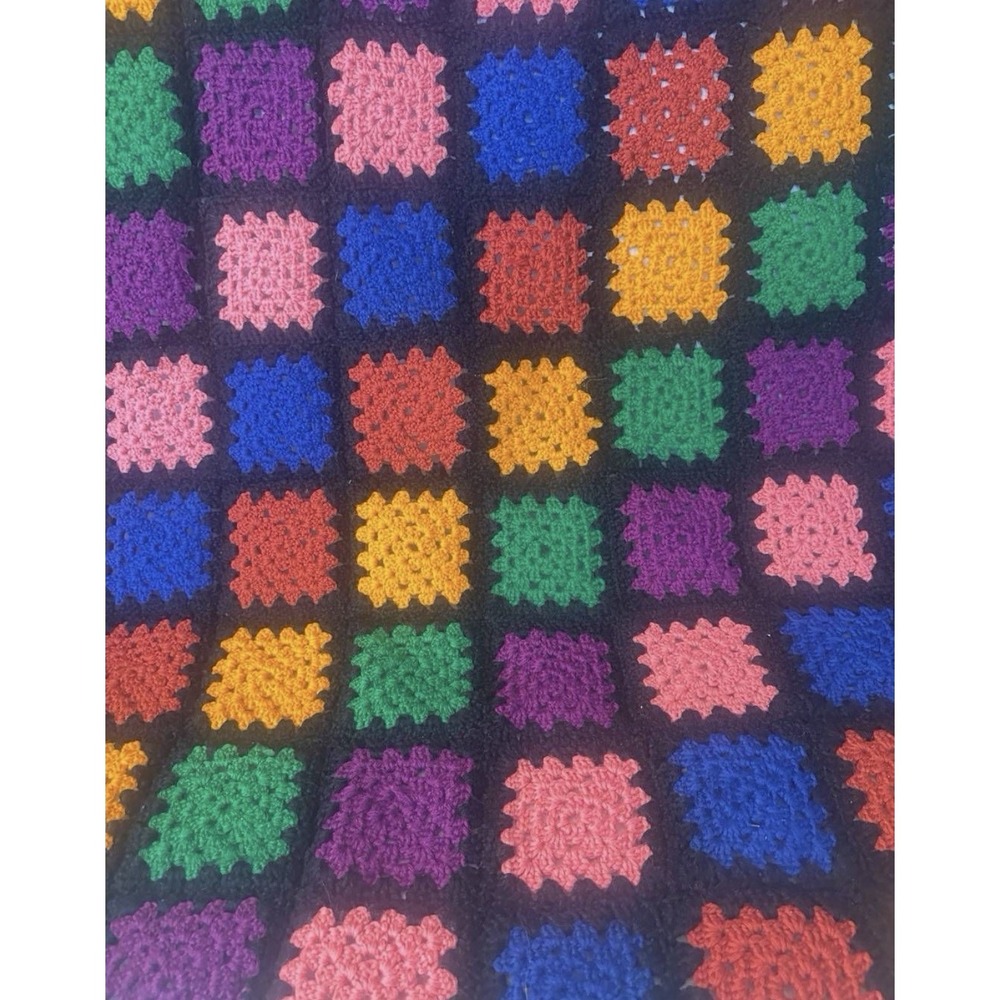 Colorful Multicolored Handmade Granny Sq Crochet Afghan Blanket 66 x 46 Inches - Picture 5 of 5